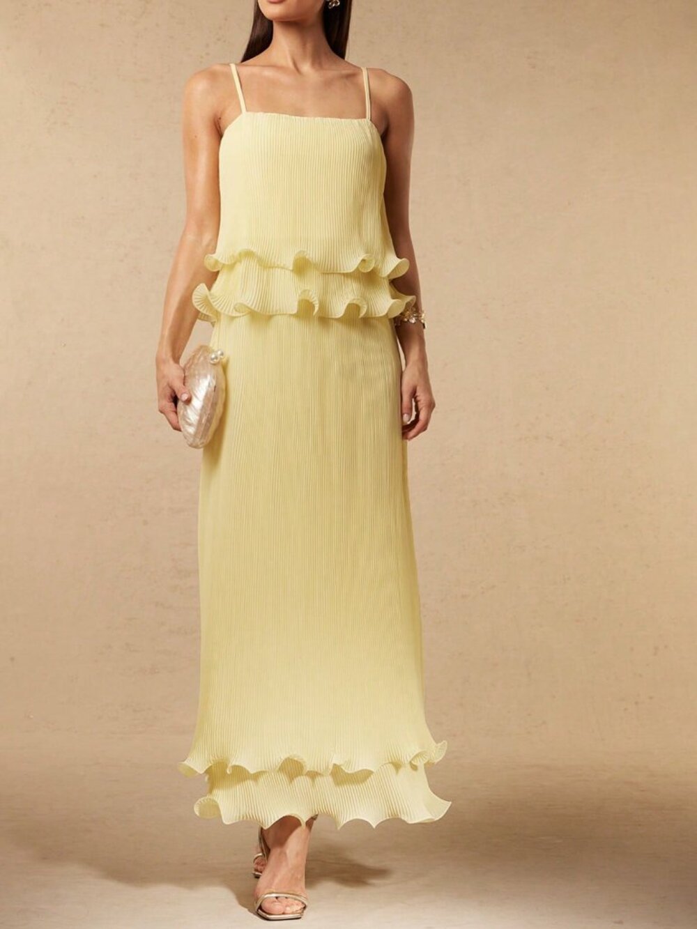 Yellow Elegant Women's Garden Party Slip pleated maxi Dress